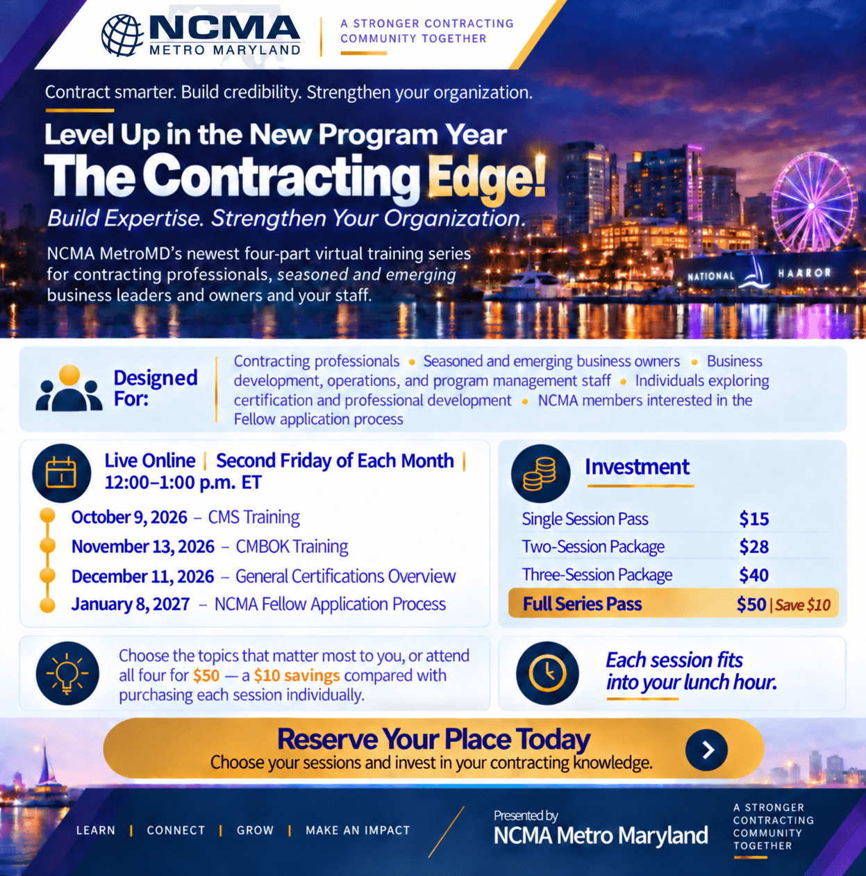 Flyer for The Contracting Edge, a four-part virtual training series on the second Friday of each month from 12:00 to 1:00 PM ET: October 9, 2026 CMS Training; November 13, 2026 CMBOK Training; December 11, 2026 General Certifications Overview; January 8, 2027 NCMA Fellow Application Process. Single session $15, two sessions $28, three sessions $40, full series $50.