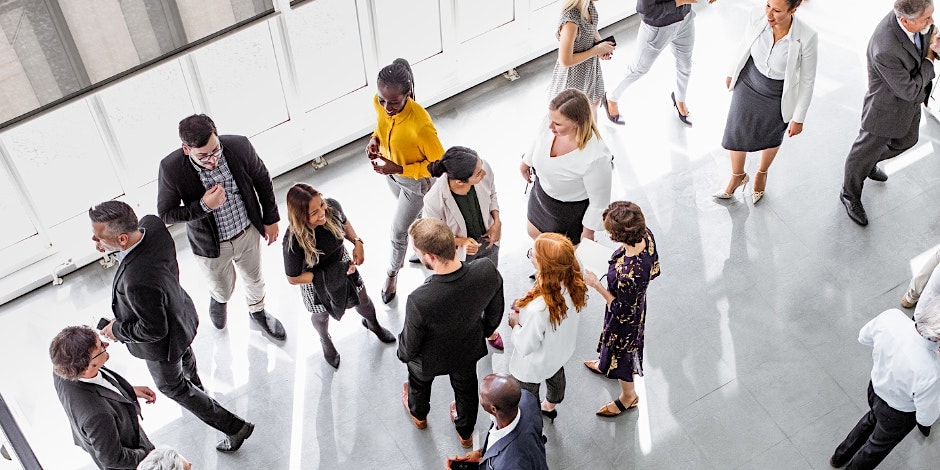 Business professionals networking in a modern office space